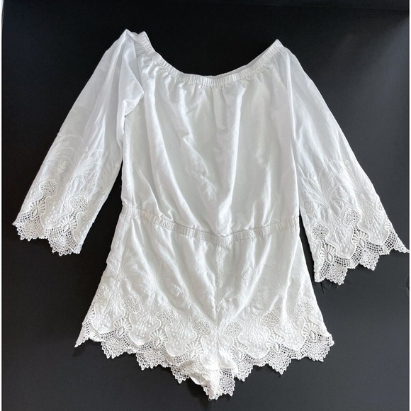 TJD Romper White Crochet Off Shoulder Jumpsuit - Picture 2 of 9